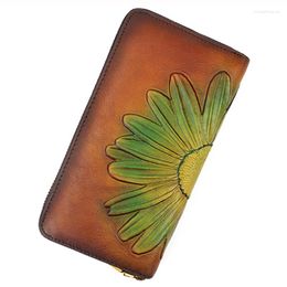 Wallets Genuine Leather Women Long Wallet Clutch Bag Purse Floral Retro Real Cowhide Lady Female Money Holder Clip Wrist