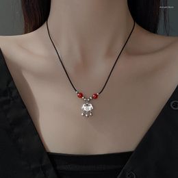 Chains 999 Sterling Silver Ping An Fu Lock Pendant Necklace For Women Niche Design Sense Clavicle Chain Black Rope Choker Summer