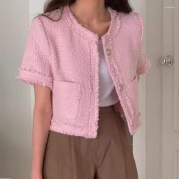 Women's Jackets Summer Collection Online Runway Women Coats Round Neck Patchwork Fringed Rough Edge Loose Short Sleeved Tweed Jacket