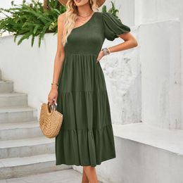 Casual Dresses 2023 Summer Fashion Pleated A Line Women's Dress Elegant Chic Solid One Shoulder Puff Sleeve Long For Women
