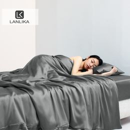 Bedding sets Lanlika Summer Beauty 100% Silk Bedding Set Dark Gray Flat Sheet Pillowcase Double Queen King Quilt Cover Bed Set Fitted Sheet 230809