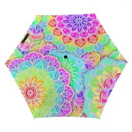 Umbrellas Colorful Mandala 3 Fold Umbrella Print Windproof Bohemian Pocket UV Protection For Male Female