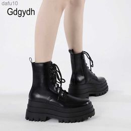 Gdgydh Womens Combat Boots Lace up Mid Calf Boots Low Heel Chunky High Platform Booties Comfortable with Side Zipper Black L230704