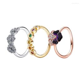 Cluster Rings 2023 Trends Fashion 925 Sterling Silver Rose Gold Charm Jewellery Three Linked Dark Purple Pansy For Women Girl Gift