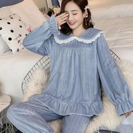 Women's Sleepwear 2Pcs Shirt Pant Pajamas Sets Loose Nightwear Sleep Suit Doll Collar Flannel Women Long Sleeves Home Clothes Cardigan