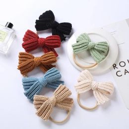 Cute Knitting Wool Bowknot Elastic Hairband Infant Solid Colour Crochet Bows Nylon Headband Children Headwear Birthday GiftZZ