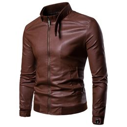 Men's Jackets Mens Stand Collar Brown PU Leather Outdoor Jacket for Men Male Korean Motorcycle with Zipper Faux Coat Plus Size 230809