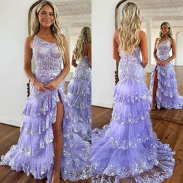 Prom Elegant Lavender Dresses Sequins Lace One Shoulder Evening Tiered Skirt Backless Split Formal Long Special Ocn Party Dress