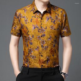 Men's Casual Shirts Premium High-End Men Shirt Real Silk Short Sleeve Floral Print Summer Quality Soft Comfortable Slim Fit Camisas De