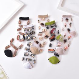 Women Socks Glass Crystal Thin Transparent Summer Sheer Shiny Mesh Sexy Glitter Sushi Cake Food Cotton Cute Casual Female