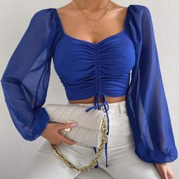 Women's Blouses Sexy V-neck Off-Shoulder Summer Drawstring Long Sleeve Tops Ladies Korean Fashion Short Clothes