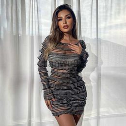 Basic Casual Dresses Ruffles Mesh Patchwork Knitted Striped Mini Dress 2023 Autumn Women Sexy Long Sleeve Backless Pleated Bodycon Club Party Outfits J2308009
