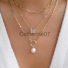 Pendant Necklaces Bohemia Crystal Butterfly Big Pearl Pendant Necklaces For Women Geometry Chain Choker Necklace Fashion Jewellery Party Gift N0345 J230809