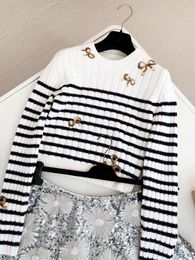 Women's Sweaters 20233 Early Autumn Fashion Wool Striped Sweater Women Slim O-neck Bow Sequins Embroidered Pullover