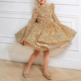Girl Dresses Luxury Shinny Golden Long Sleeve Girls Birthday Dress Tiered Bow Robe Ball Gown Princess 2023 Spring Flower