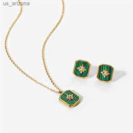 Fashion Womens Earrings Necklace Set Vintage Octagram Green Pendant Earrings Necklace Set Statement Jewellery Gift Set L230620