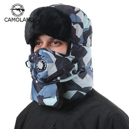 Beanie Skull Caps CAMOLAND Winter Warm Earflap Bomber Hats Scarf Chapka Men Women Russian Trapper Thermal Hat Snow Ski Face Cover Cap 230808