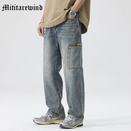 Mens Jeans American Style Cargo Wide Leg Pants Big Porkets Design Denim Vintage Hip Hop Loose Straight Youth Trousers 230809