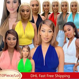 Women's Tanks 10Pcs Bulk Wholesale Women Solid Tank Tops Summer Sexy Deep V-neck Backless Lace Up Halter Y2K Casual Streetwear Vests 9910