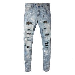 Mens Jeans Arrival Distressed Light Blue Skinny Ripped Streetwear Damaged Rhinestones Painted Slim Fit Stretch Destroyed 230809