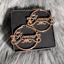 Hoop Huggie Custom Name Earrings with Crown Personalised Love Diamond Name Hoop 316 Stainless Steel 30MM-100MM Nameplate Earrings for Women 230809
