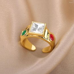 Cluster Rings Square Zircon For Women Gold Plated Open Stainless Steel Ring In Wedding Aesthetic Jewerly Christmas Gifts Anillos