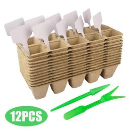 Planters Pots 12Pcs Seedling Trays Kit Seed Starter Tray Biodegradable Peat Plant Growing Bag Labels Nursery Pot For Garden Outdoor Dh0Kc