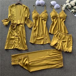 Women's Sleepwear Women Pyjamas Five Piece Set Loose Silk Satin Pijamas Suit Nightwear Spring Summer Bath Robe Sexy Lace Trim Nightgown Home