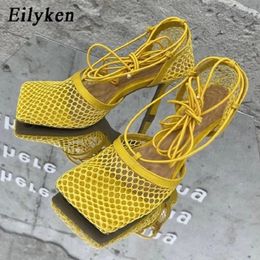 Sandals Eilyken Sexy Mesh Pumps Sandals Female Square Toe High Heel Lace Up Cross-Tied Stiletto Hollow Dress Shoes 230809