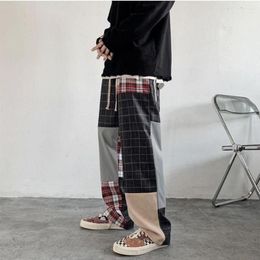 Men's Pants Korean Harajuku Wide Leg Contrast Drawcord Loose Large Hip-hop Patch Checked Street Oversize