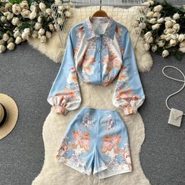 Women's Two Piece Pants Summer Print Pieces Shorts Sets Women Long Sleeve Polo Neck Top With High Waist Wide Leg