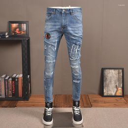 Men's Jeans Street Fashion Men Retro Light Blue Slim Ripped Stretch Trousers Patch Designer Hip Hop Denim Pencil Pants Homme