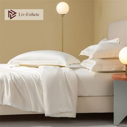 Bedding sets Liv-Esthete Summer Pure White 100% Silk Bedding Set Silky Healthy Duvet Cover Flat Sheet Pillowcases Queen King Bed Linen Set 230809