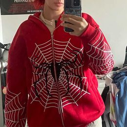 4qdt Women's Hoodies Sweatshirts Spider Web Red Graphic Men's Clothing Warm Harajuku Vintage Grunge Y2k Zip Up Hoodie for Men and Women Tops
