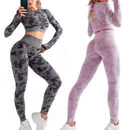 Gym Clothing 2Pcs Yoga Suit Long Sleeve Crop Top Blend Fabric Seamless High Waist Workout Outfits For Women