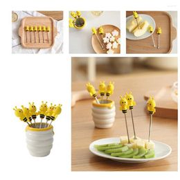 Dinnerware Sets 7 Pcs Cake Kit Silicone Bee Fruit Forks Set Stainless Steel Dessert Picks With Ceramic Holder For Party And Daily Use