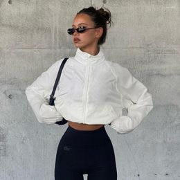 Women's Jackets Solid White Short Cargo 2023 Autumn Winter Stand Collar Long Sleeve Zipper Loose Sports Sunscreen Coats Women Crop Tops