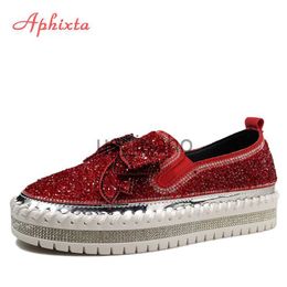 Dress Shoes Aphixta Fashion Big Size 42 43 Flats Women Leather Loafers Flat Platform Wine Red Shoes Crystal Sequined Bow Casual Shoes J230808