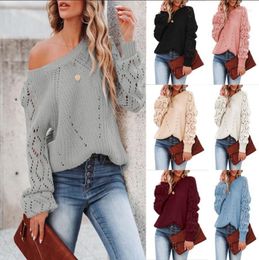 Women's Sweaters 2023 Europe And America Solid Colour Loose Top Autumn Winter Hollow Pattern Round Neck Pullover Sweater