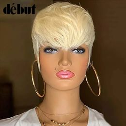 Synthetic Wigs Debut 613 Honey Blonde Color Wig Short Wavy Bob Pixie Cut Full Machine Made Human Hair Wigs With Bangs For Black Women Remy 230808