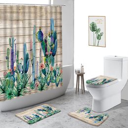 Toothbrush Holders 3D Tropical Plants Cactus Shower Curtain Creative HandPainted Bathroom Decoration Set Waterproof Bath Curtains NonSlip Carpet 230809
