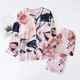 Women's Sleepwear Sleeve Button Ladies Cool Nightwear Floral Pyjamas Set Printed Cotton Casual O Neck Long