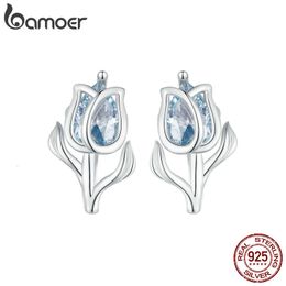 Stud 925 Sterling Silver Tulip Ear Studs Light Blue Crystal Flower Earrings for Women Birthday Gift Romantic Fine Jewellery 230808