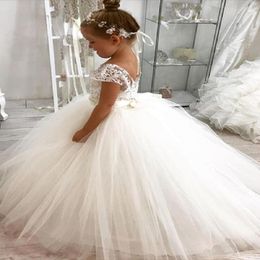 Girl Dresses Simple Flower Lace Floor Length For Wedding Long Fluffy Sleeves Sash Tulle Appliques Birthday Party First Communion