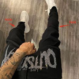 Men's Jeans Men Stretch Destroyed Hole Taped Slim Fit Black Jeans Biker Trousers Ripped Skinny Drill Street Punk Denim Pencil Pants 230808