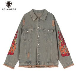 Mens Jackets Streetwear Vintage Denim Jacket Flame Embroidery Hip Hop Harajuku Jeans Retro Worn Out Coat 230809