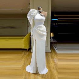 White Evening Prom Dresses high neck Mermaid Long 2023 New Vestidos De Fiesta Sexy Slit One Shoulder Crystal Dubai Arabic Formal Dress