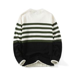 Men's Sweaters White Long Sleeve Round Neck Casual Brand Pullover Winter Cotton Stripe Color Matching Plush Thick Sweater Men Fashion 230809