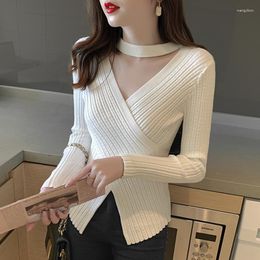 Women's Sweaters Cross V-Neck Design Knited T-Shirt 2023 Autumn Winter Korean All-Match Halter Neck Irregular Top Elegant Pullover P970