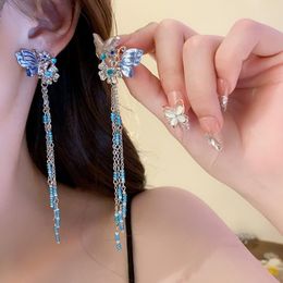 Long tassel earrings, light and luxurious, high-end blue butterfly earrings, 2023 new high-end design, niche earrings 0000185